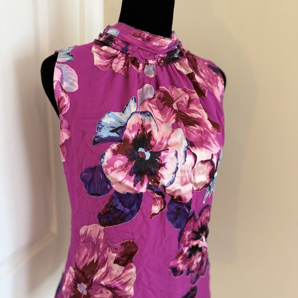 WHBM Women's Fuchsia Floral Mock Neck Halter Sleeveless Blouse (M) Silk Lining - Picture 2 of 5